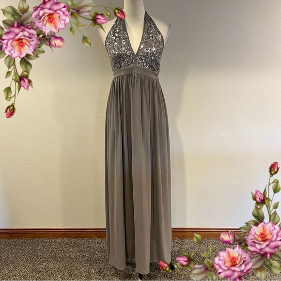 Elegant Gray Halter Maxi Dress with sequins details - Picture 1 of 14